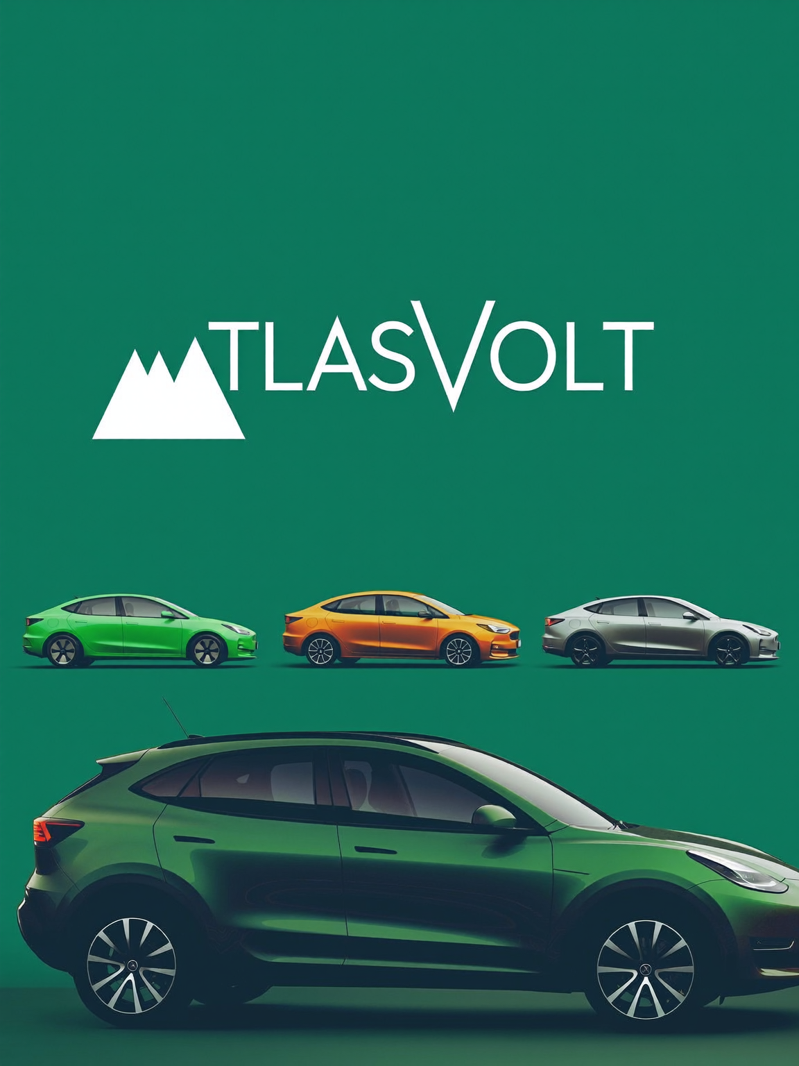 Création AtlasVolt : montagnes blanches et voitures sur fond vert.